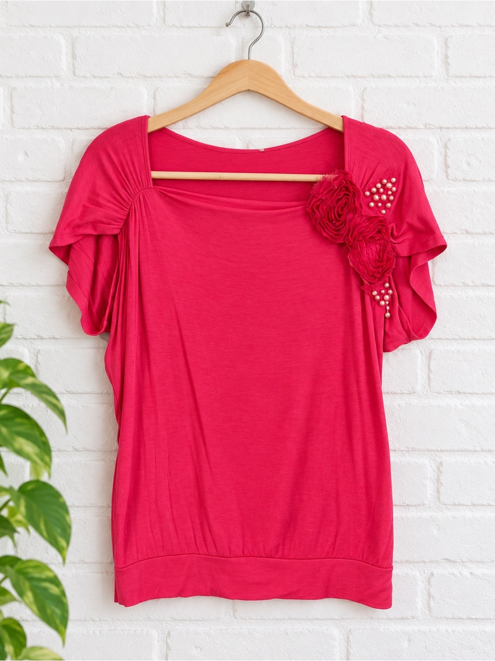Coral Floral Applique Flutter Sleeve Dressy Blouse Top